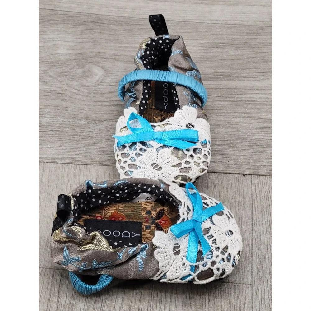 Vintage Goody Goody Baby Girls Lace Crib Shoes Blue Floral Satin Bow Size M 6-12